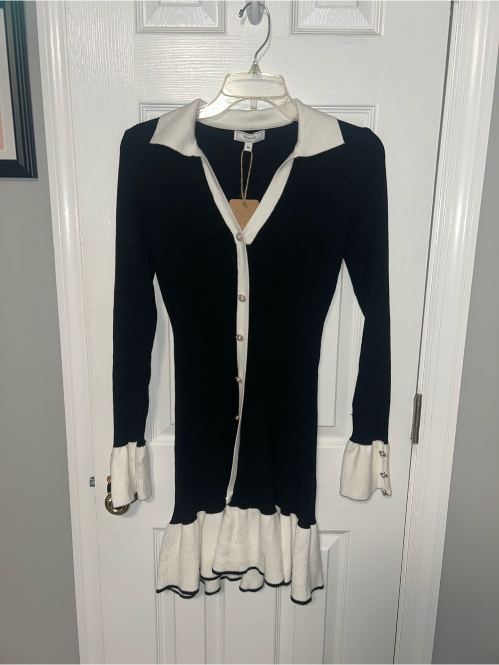 RIHOS Black & White Ribbed Knit Button-Front Dress